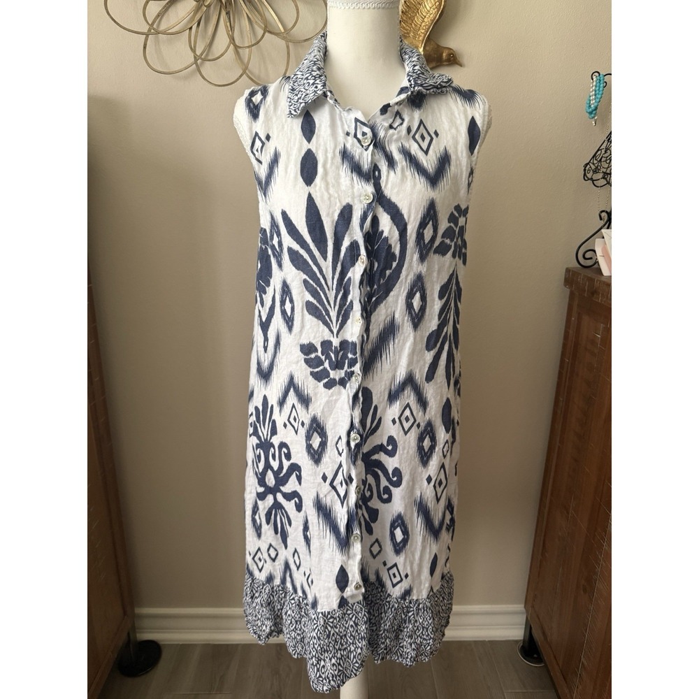 Luisa Perla Linen Dress Medium Blue White Ikat Sleeveless Button Front Italy